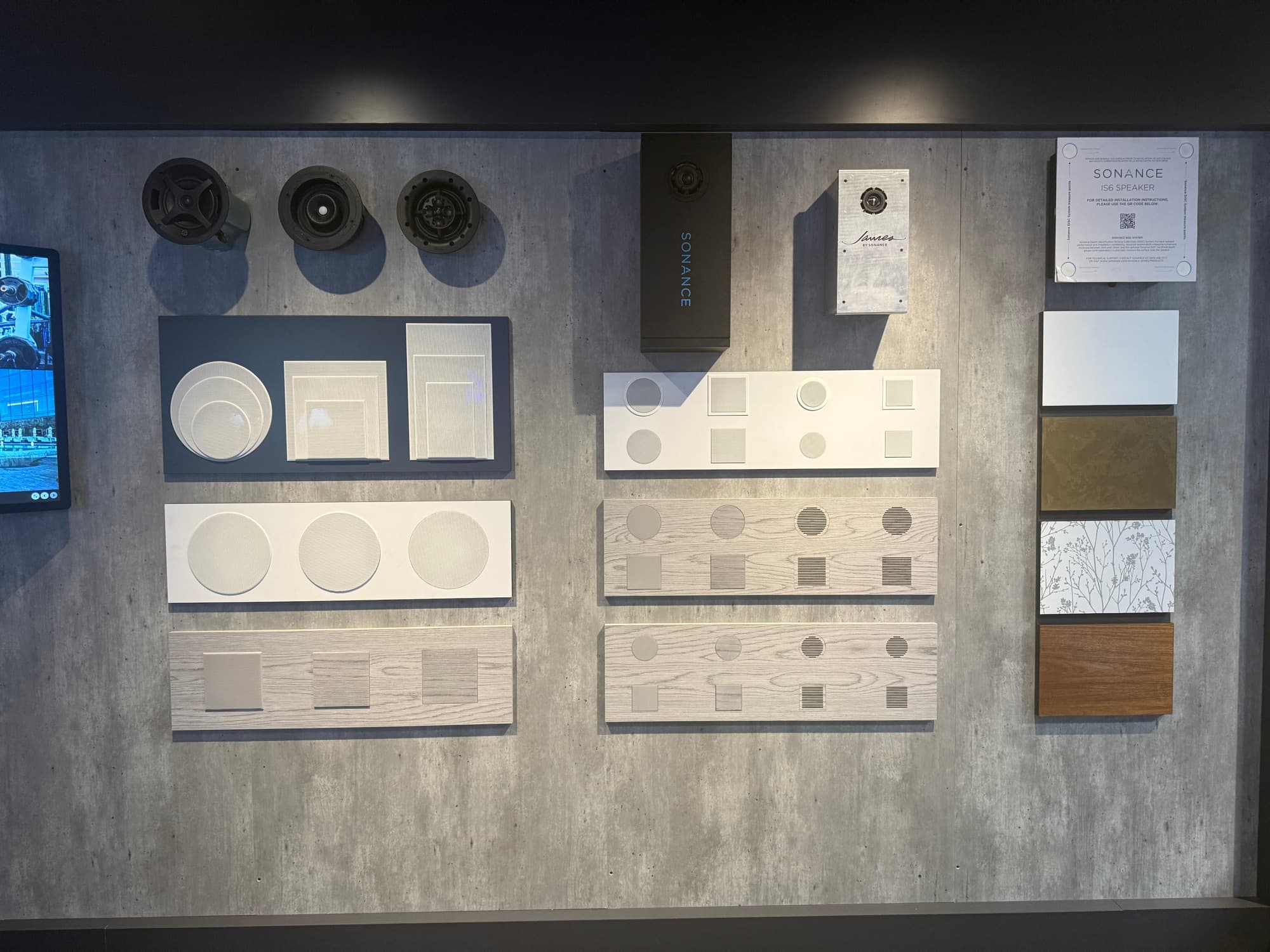 James Loudspeaker custom grille finish samples in wood, metal, and paint-matched materials