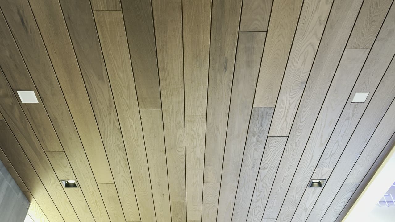 Sonance Small Aperture speakers flush-mounted in a wood ceiling beside recessed downlights